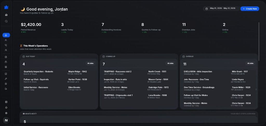 Operations dashboard showing work state and upcoming jobs